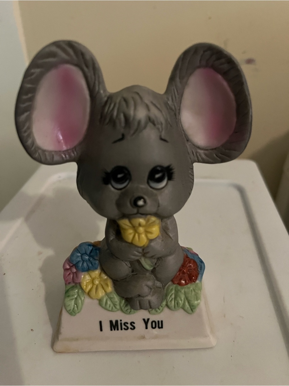 Vintage Russ Berrie Gray Mouse Figurine with Pink Ears and Multicolor Flowers